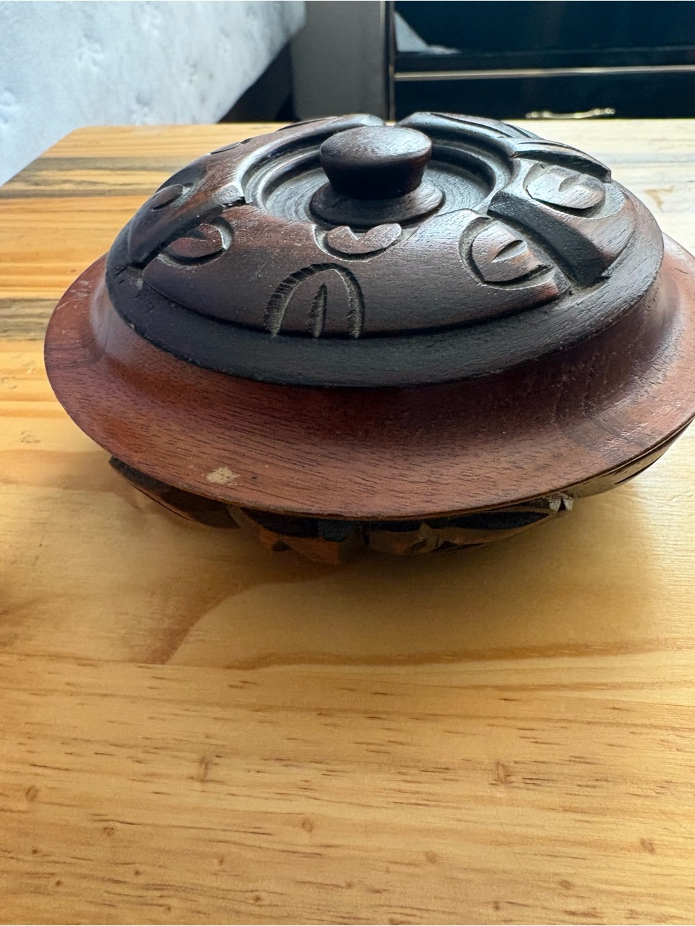 Carved Wooden Lidded Bowl - Dark Brown & Medium Brown